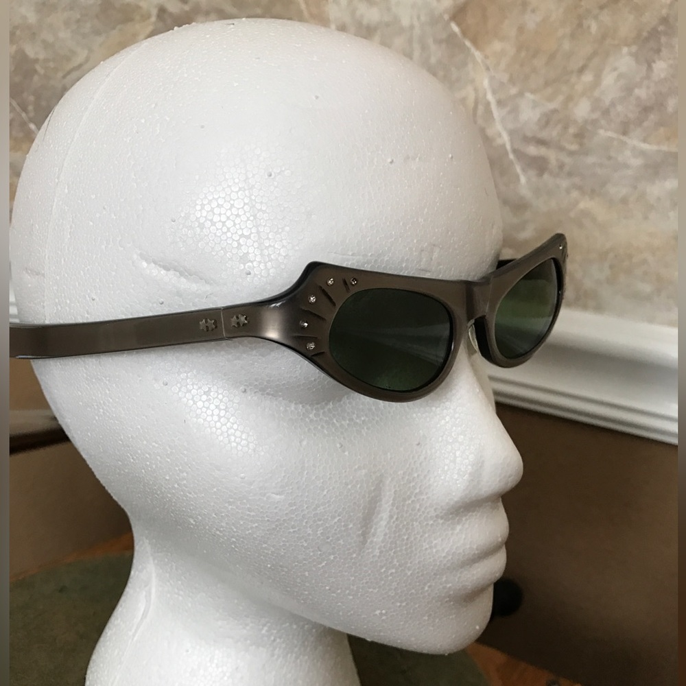 Vintage American Optical Colobar Sunglasses gray frame with rhinestones.